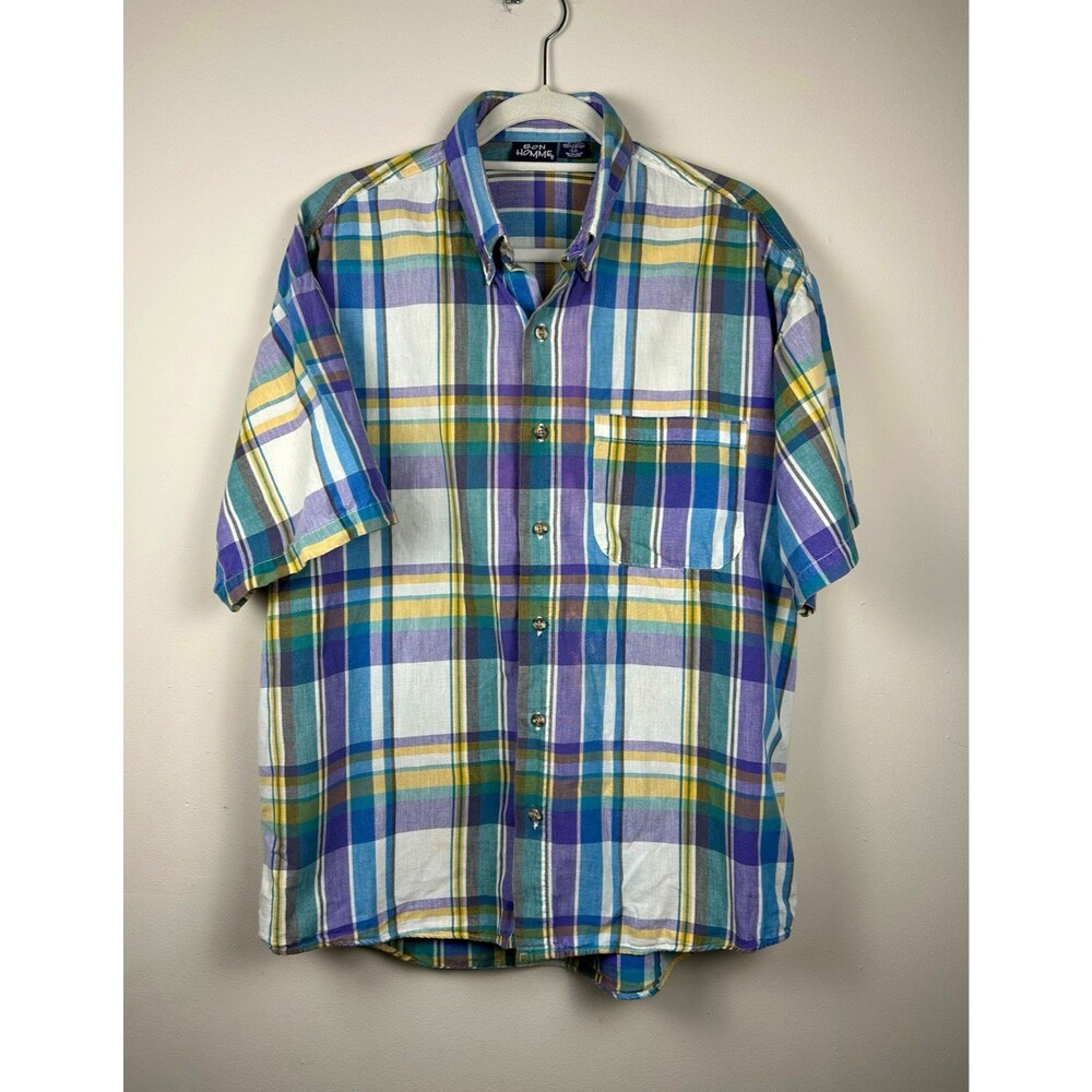 Vintage 80s Bon Homme Men’s M Plaid Woven 100% Cotton Shirt Short Sleeve